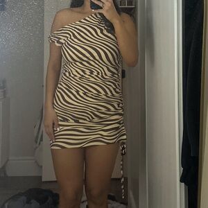 White Fox Boutique Tan Asymmetrical Bodycon Midi Dress